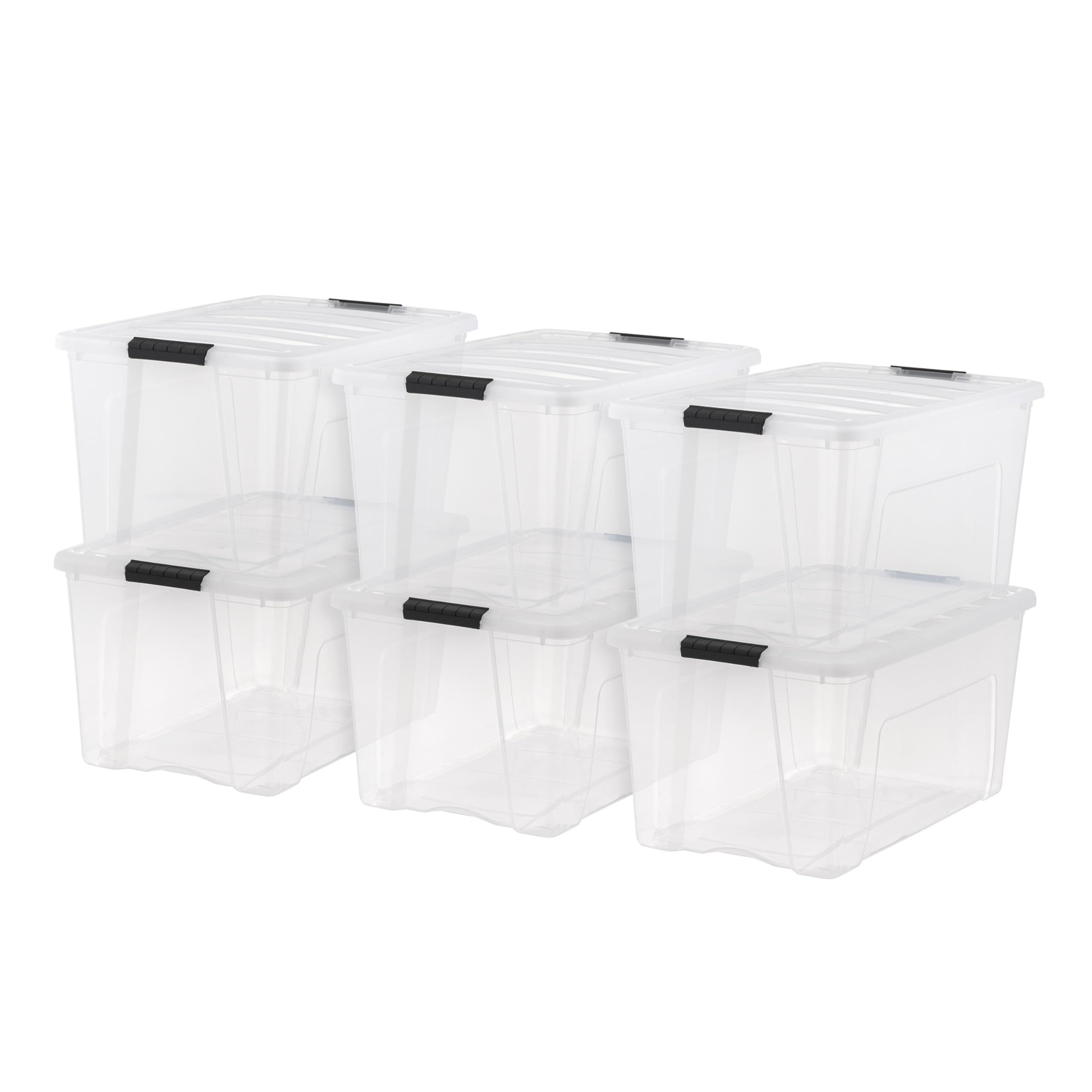 IRIS USA 13 Qt Stackable Plastic Storage Bins with Lids, 6 Pack - BPA-Free, Made in USA - Discreet Organizing Solution, Latches, Durable Nestable Containers, Secure Pull Handle - Pearl